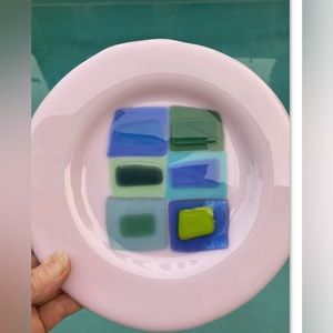 Pink  Squares " Design Glass A Fused Art  Handmade 8” X 1”Plate Pink Glass